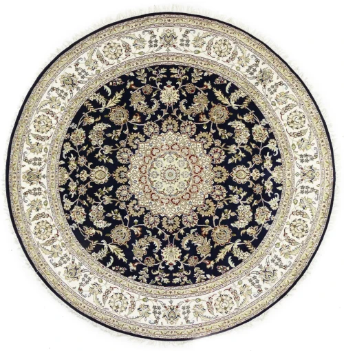 Dark Navy Floral 8X8 Indo-Nain Oriental Round Rug