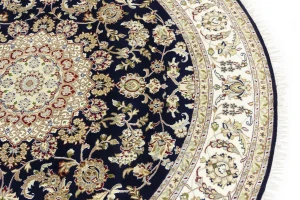 Dark Navy Floral 8X8 Indo-Nain Oriental Round Rug