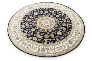 Dark Navy Floral 8X8 Indo-Nain Oriental Round Rug