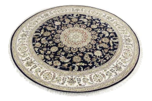 Dark Navy Floral 8X8 Indo-Nain Oriental Round Rug