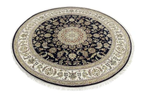 Dark Navy Floral 8X8 Indo-Nain Oriental Round Rug