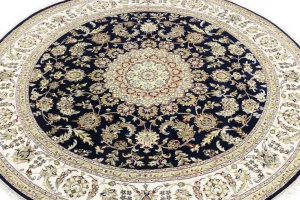 Dark Navy Floral 8X8 Indo-Nain Oriental Round Rug