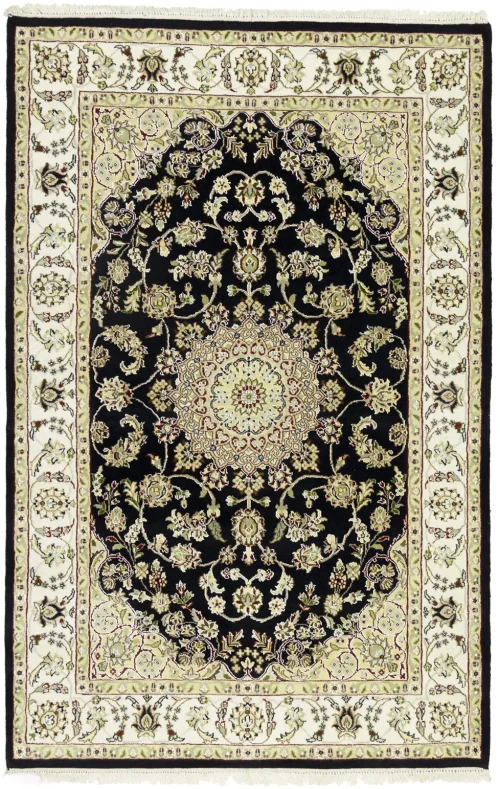 Black Floral 4X6 Indo-Nain Oriental Rug