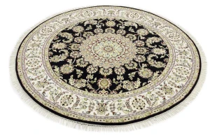 Black Floral 6X6 Indo-Nain Oriental Round Rug