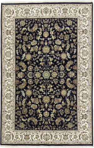 Dark Navy Floral 6X9 Indo-Nain Oriental Rug