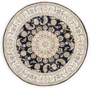 Dark Navy Floral 6X6 Indo-Nain Oriental Round Rug