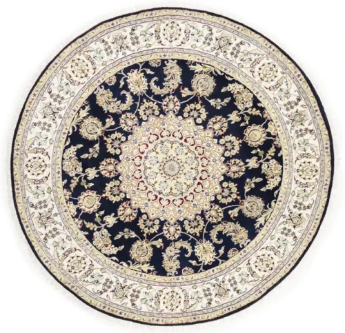 Dark Navy Floral 6X6 Indo-Nain Oriental Round Rug