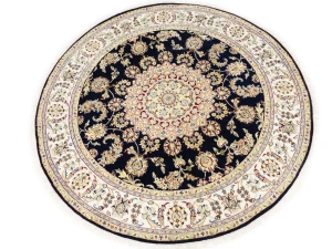 Dark Navy Floral 6X6 Indo-Nain Oriental Round Rug