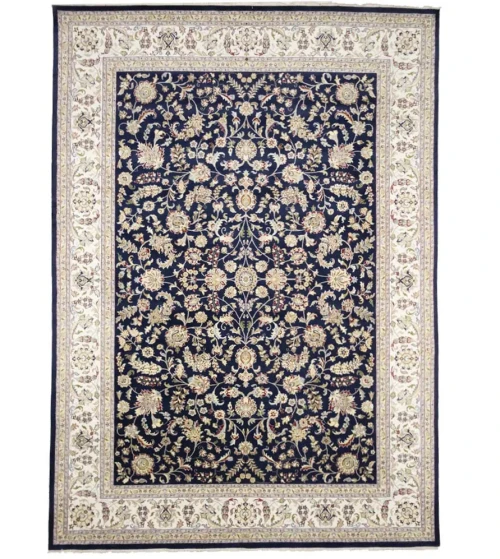 Dark Navy Floral 10X14 Indo-Nain Oriental Rug