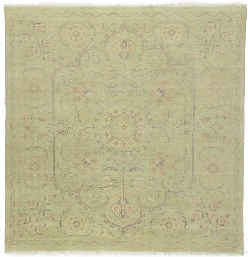 Muted Light Green Floral 8X8 Transitional Oriental Square Rug