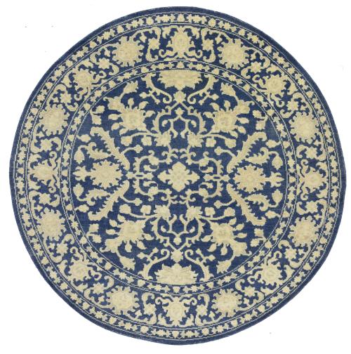 Muted Slate Blue Floral 8x8 Transitional Oriental Round Rug