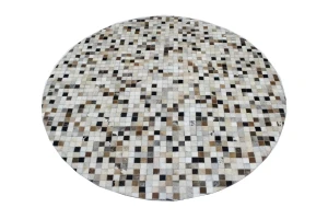 Ivory Geometric 6X6 Cowhide Patchwork Modern Rug