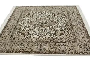 Cream Floral Kirman 5X5 Oriental Square Rug