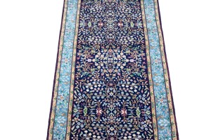 Navy Blue Floral Kirman 3X10 Oriental Rug