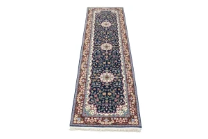Navy Blue Floral Kirman 3X10 Oriental Runner Rug