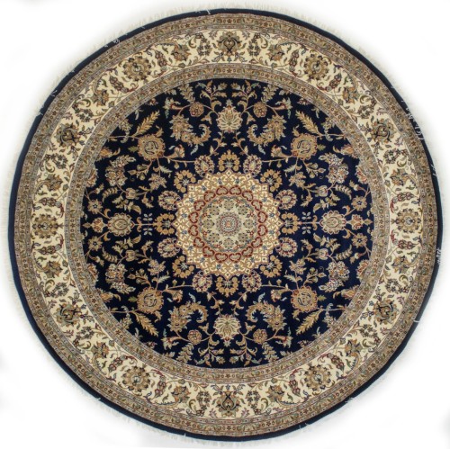 Navy Blue Floral 10X10 Indo-Nain Oriental Round Rug