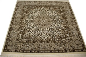 Cream Floral Kirman 5X5 Oriental Square Rug