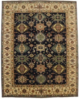 Navy & Cream Tribal Geometric 8X10 Indo-Karajeh Oriental Rug