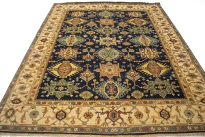 Navy & Cream Tribal Geometric 8X10 Indo-Karajeh Oriental Rug