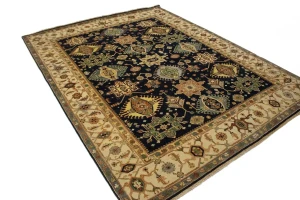 Navy & Cream Tribal Geometric 8X10 Indo-Karajeh Oriental Rug