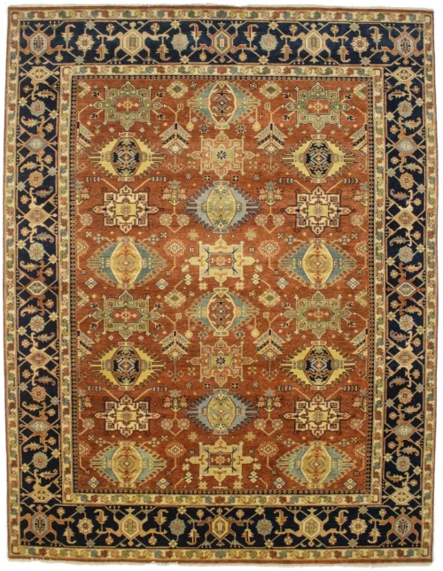 Rust & Dark Navy Geometric Tribal 9X12 Indo-Karajeh Oriental Rug