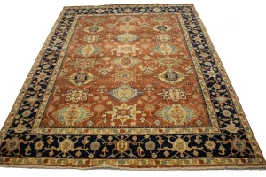 Rust & Dark Navy Geometric Tribal 9X12 Indo-Karajeh Oriental Rug