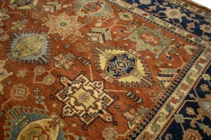 Rust & Dark Navy Geometric Tribal 9X12 Indo-Karajeh Oriental Rug