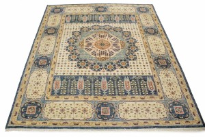 Cream & Charcoal Blue Geometric 8X10 Mamluk Oriental Rug