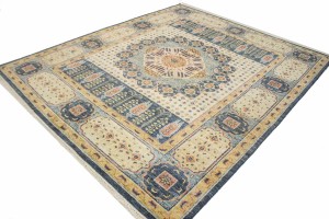 Cream & Charcoal Blue Geometric 8X10 Mamluk Oriental Rug
