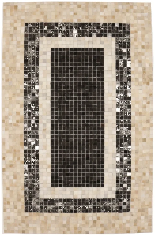 Black Beige Cowhide 5X8 Modern Leather Rug