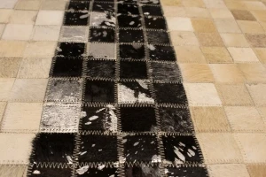 Black Beige Cowhide 6X6 Modern Leather Square Rug