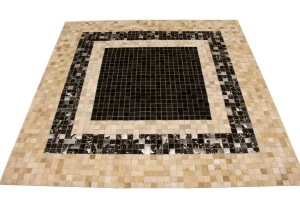 Black Beige Cowhide 6X6 Modern Leather Square Rug