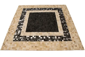 Black Beige Cowhide 6X6 Modern Leather Square Rug