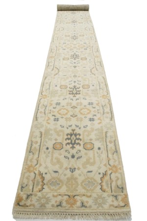 Cream Floral 2'7X19 Oushak Chobi Oriental Runner Rug