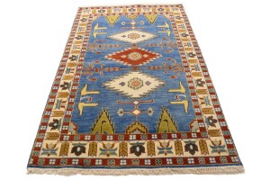 Blue Geometric 5X8 Kazak Oriental Rug