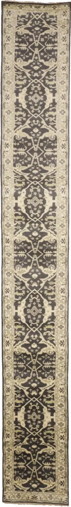 Charcoal Brown Floral 3X20 Oushak Oriental Runner Rug