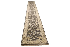 Charcoal Brown Floral 3X20 Oushak Oriental Runner Rug