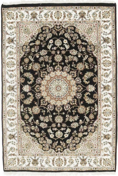 Black Floral 4X6 Indo-Nain Oriental Rug