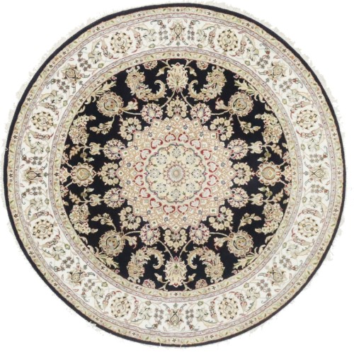 Dark Navy Floral 6X6 Indo-Nain Oriental Round Rug