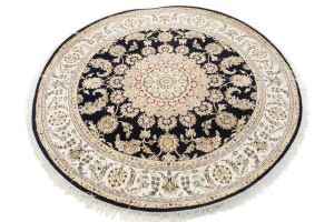 Dark Navy Floral 6X6 Indo-Nain Oriental Round Rug