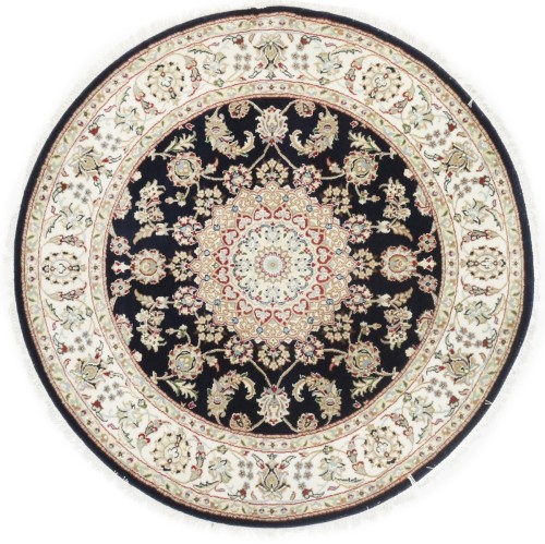 Dark Navy Floral 5X5 Indo-Nain Oriental Round Rug