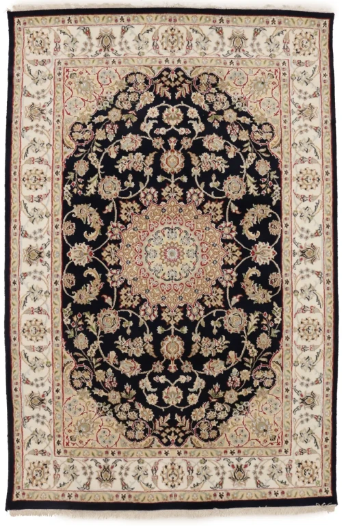 Dark Navy Floral 4X6 Indo-Nain Oriental Rug