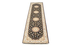 Dark Navy Floral 3X10 Indo-Nain Oriental Runner Rug