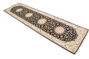 Dark Navy Floral 3X10 Indo-Nain Oriental Runner Rug