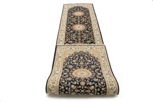 Dark Navy Floral 3X12 Indo-Nain Oriental Runner Rug