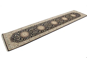 Dark Navy Floral 3X12 Indo-Nain Oriental Runner Rug