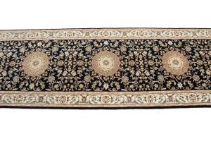 Dark Navy Floral 3X12 Indo-Nain Oriental Runner Rug
