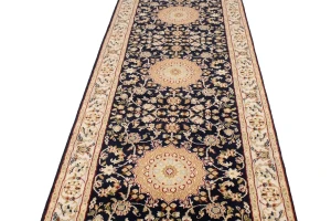 Dark Navy Floral 3X12 Indo-Nain Oriental Runner Rug