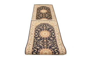 Dark Navy Floral 3X12 Indo-Nain Oriental Runner Rug