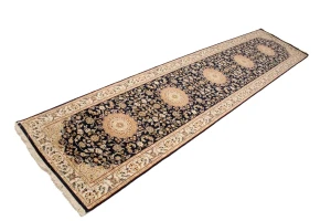 Dark Navy Floral 3X12 Indo-Nain Oriental Runner Rug